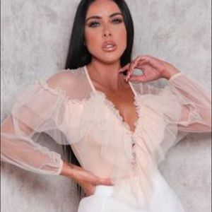 Nude ruffle mesh bodysuit.